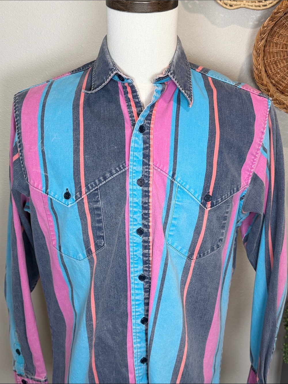 Vtg 90’s Wrangler Brush Popper Button Up Long Sleeve Pink Turquoise Blue Orange - Picture 4 of 16